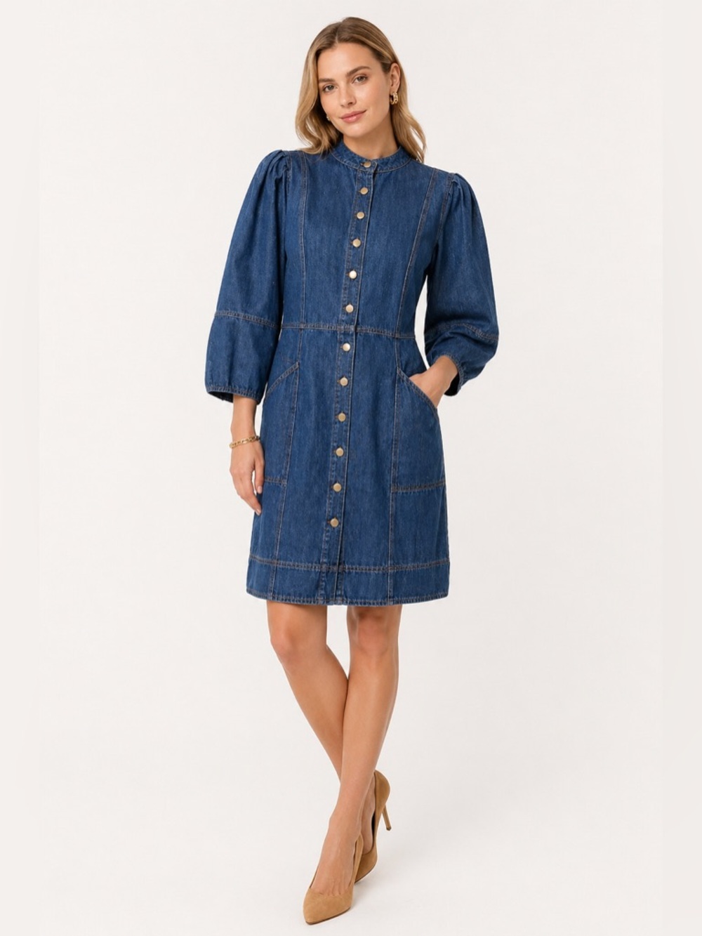 Wrap London Denim Midi Dress Hemp Cotton Blend Puff Sleeve Button Front US 6